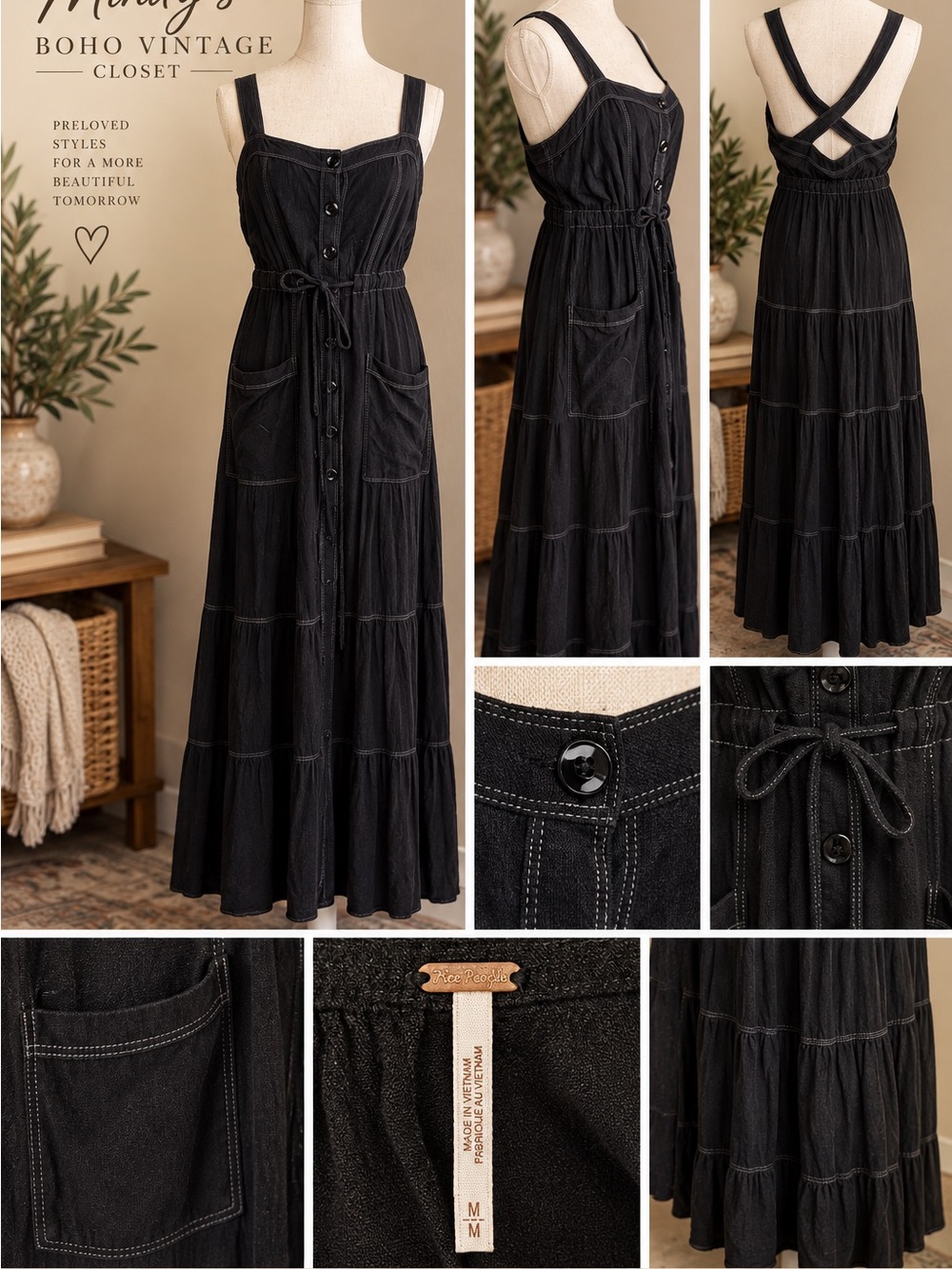 Free People Black Button-Front Tiered Maxi Dress